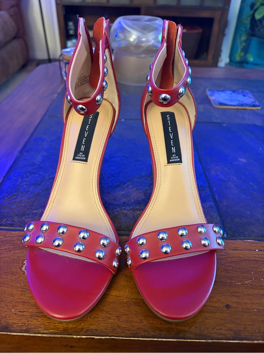 Steve Madden Red Studded Ankle-Heel Sandals